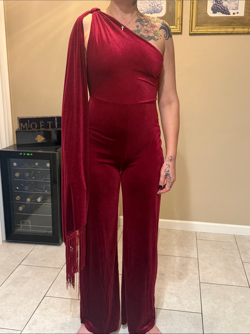 Fashion Nova One-Shoulder Velvet Jumpsuit in Burgundy Red with Draped Sash